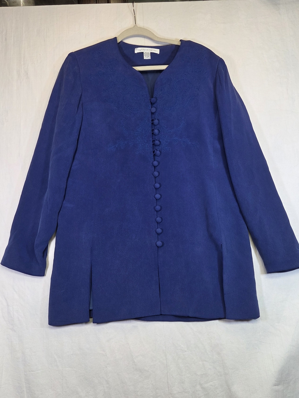 Kenneth Nolan 100% Silk Blue Embroidered Button Front Jacket Size 12 #0425
